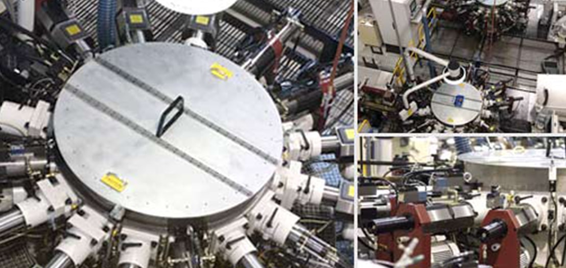 Precision tooling setup inside a Hydromat CNC rotary transfer machine for multi-axis operations
